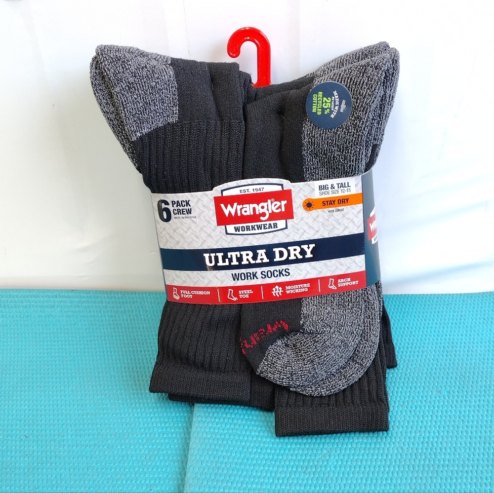 Wrangler Men's 6 Pack Crew Ultra Dry Work Socks Big & Tall - Shoe Size 12-15